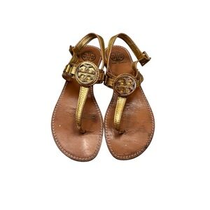 Tory Burch Cassia Women’s Gold T Logo Leather Sandals Size 9